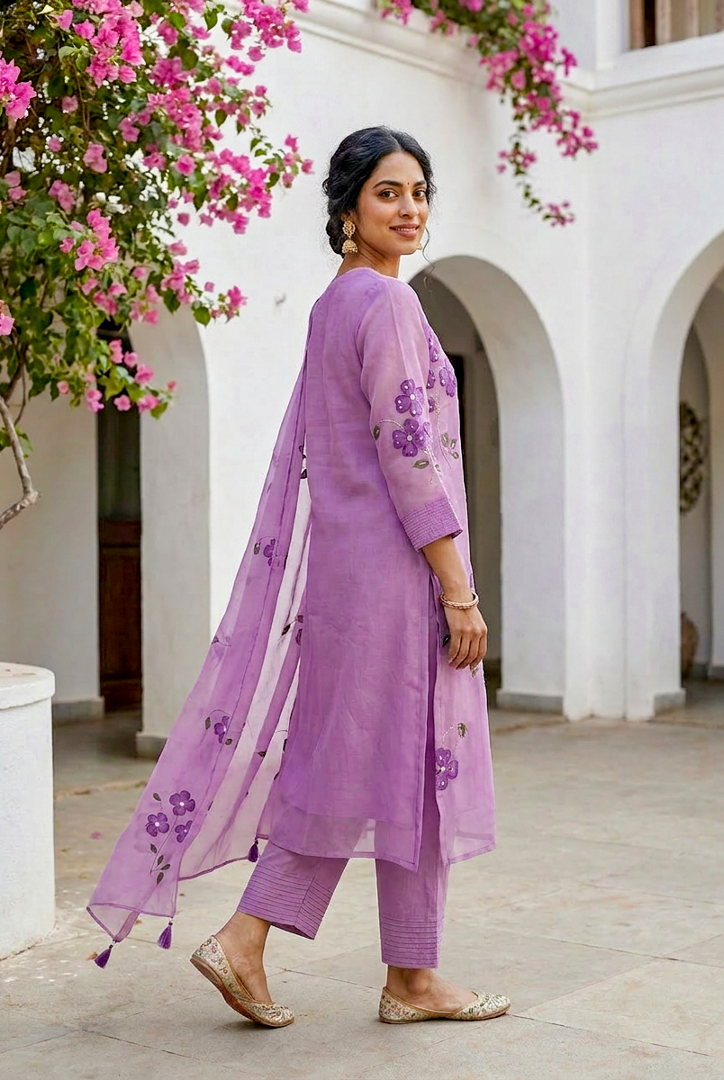 Lilac Hand Painted Organza Kurta Set with Pants & Dupatta — view 4