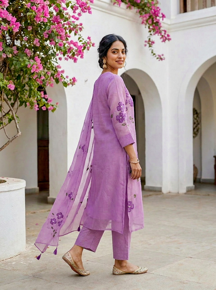Lilac Hand Painted Organza Kurta Set with Pants & Dupatta — view 4