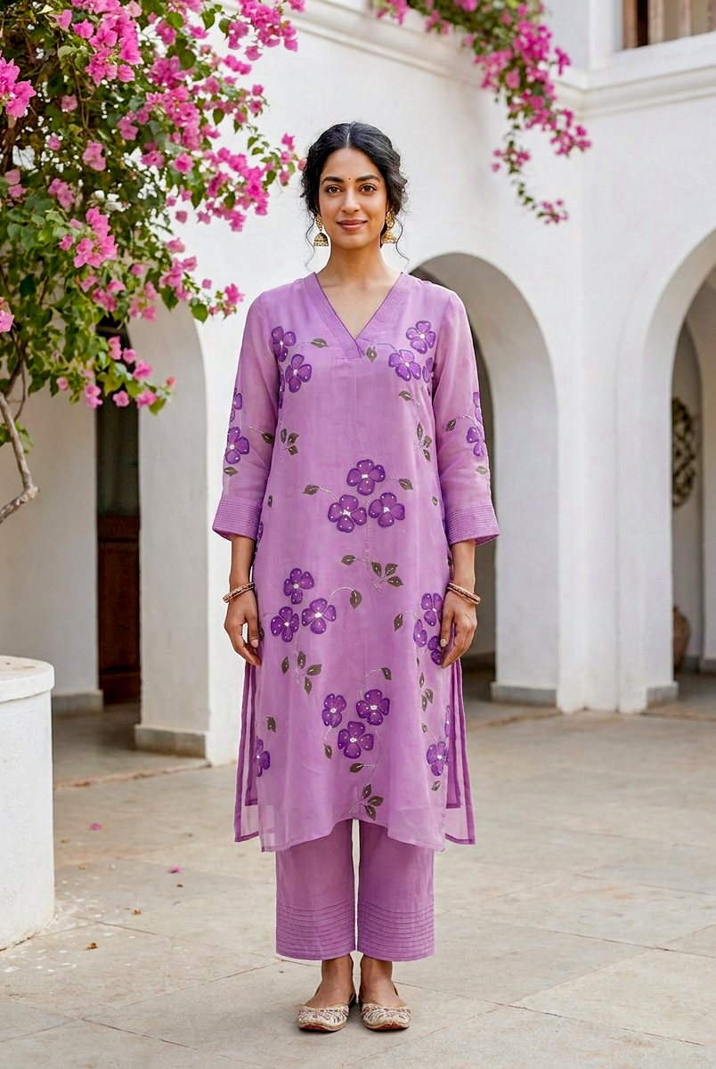 Lilac Hand Painted Organza Kurta Set with Pants & Dupatta — view 2