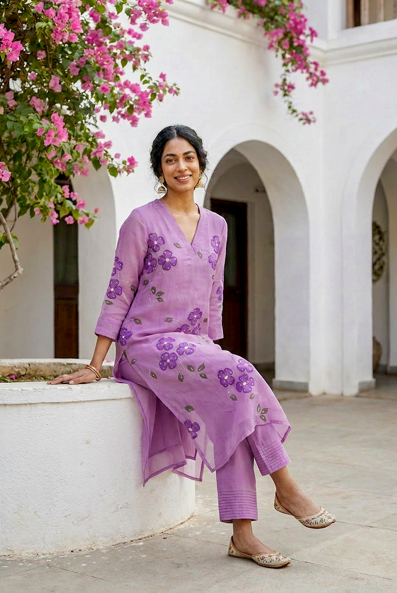 Lilac Hand Painted Organza Kurta Set with Pants & Dupatta — view 6
