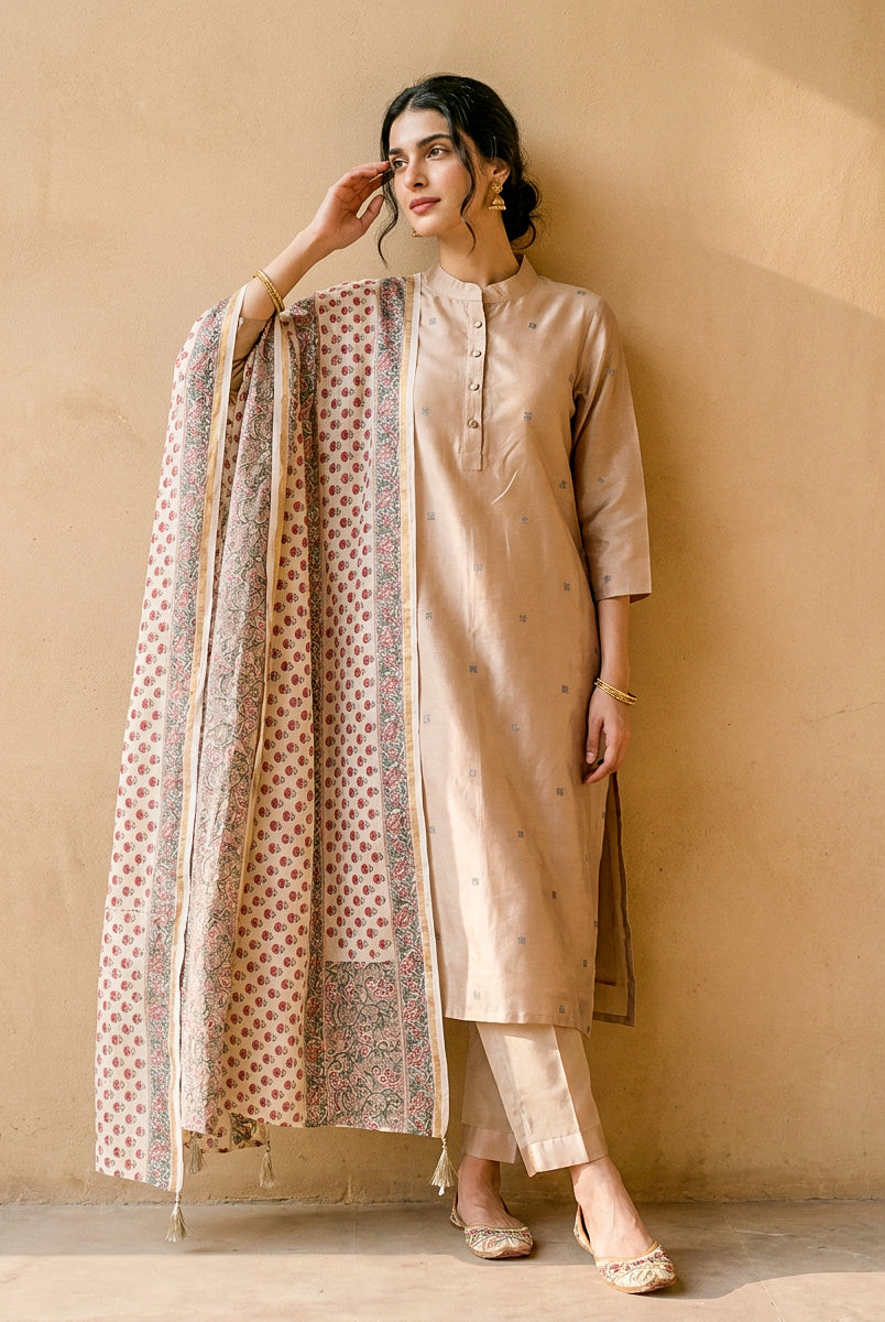 Beige Embroidered Silk Chanderi Kurta Set with Pants & Dupatta — full set front