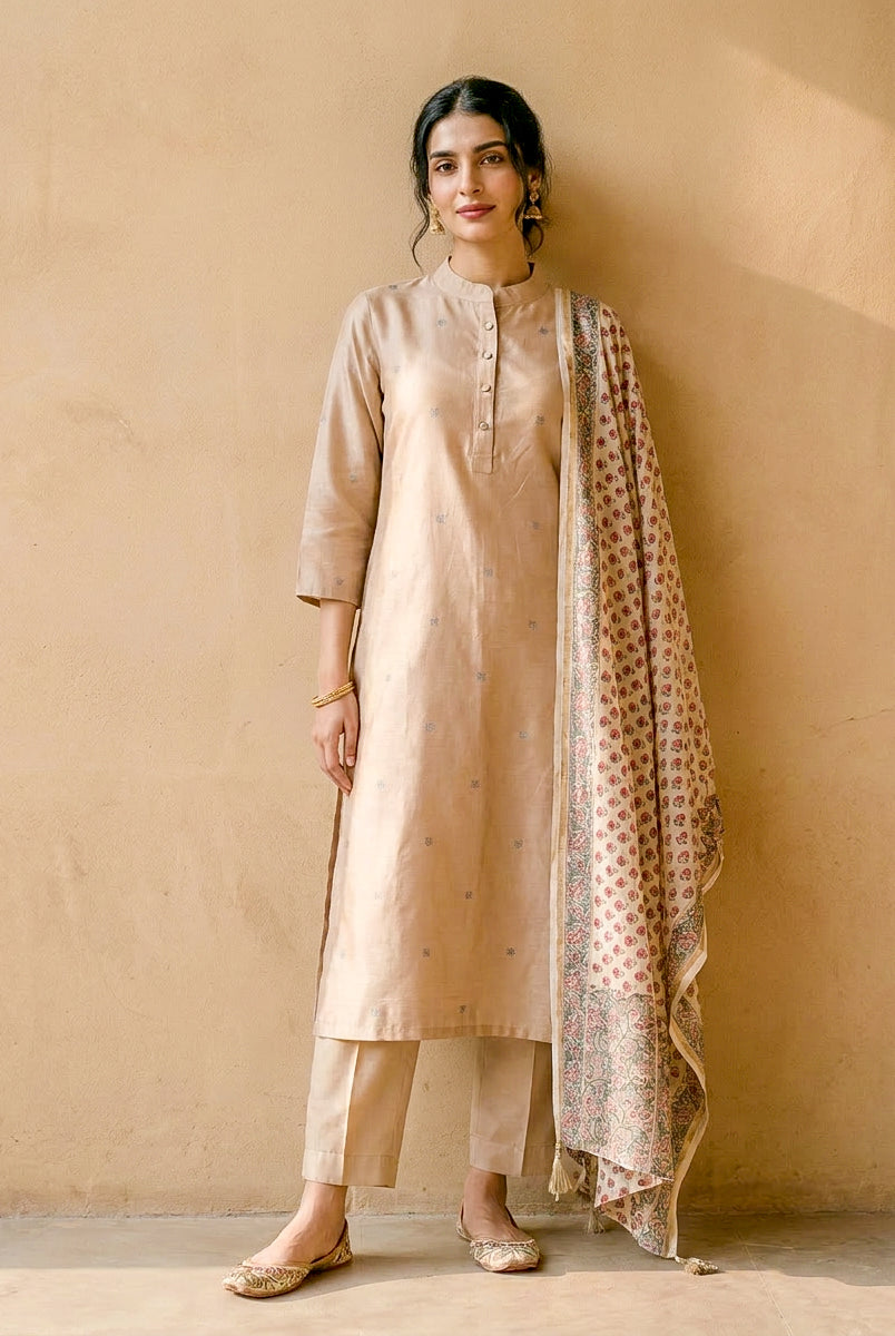 Beige Embroidered Silk Chanderi Kurta Set with Pants & Dupatta — model front
