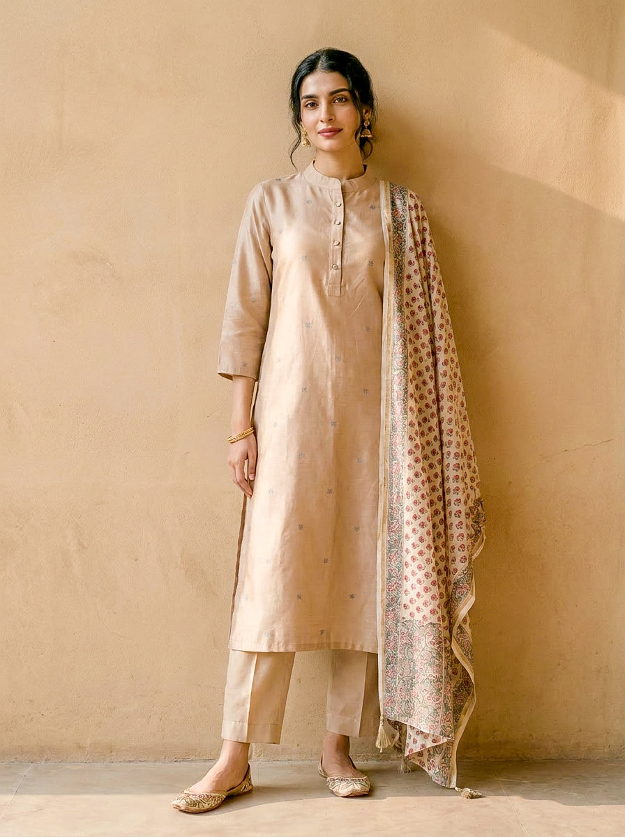 Beige Embroidered Silk Chanderi Kurta Set with Pants & Dupatta — model front