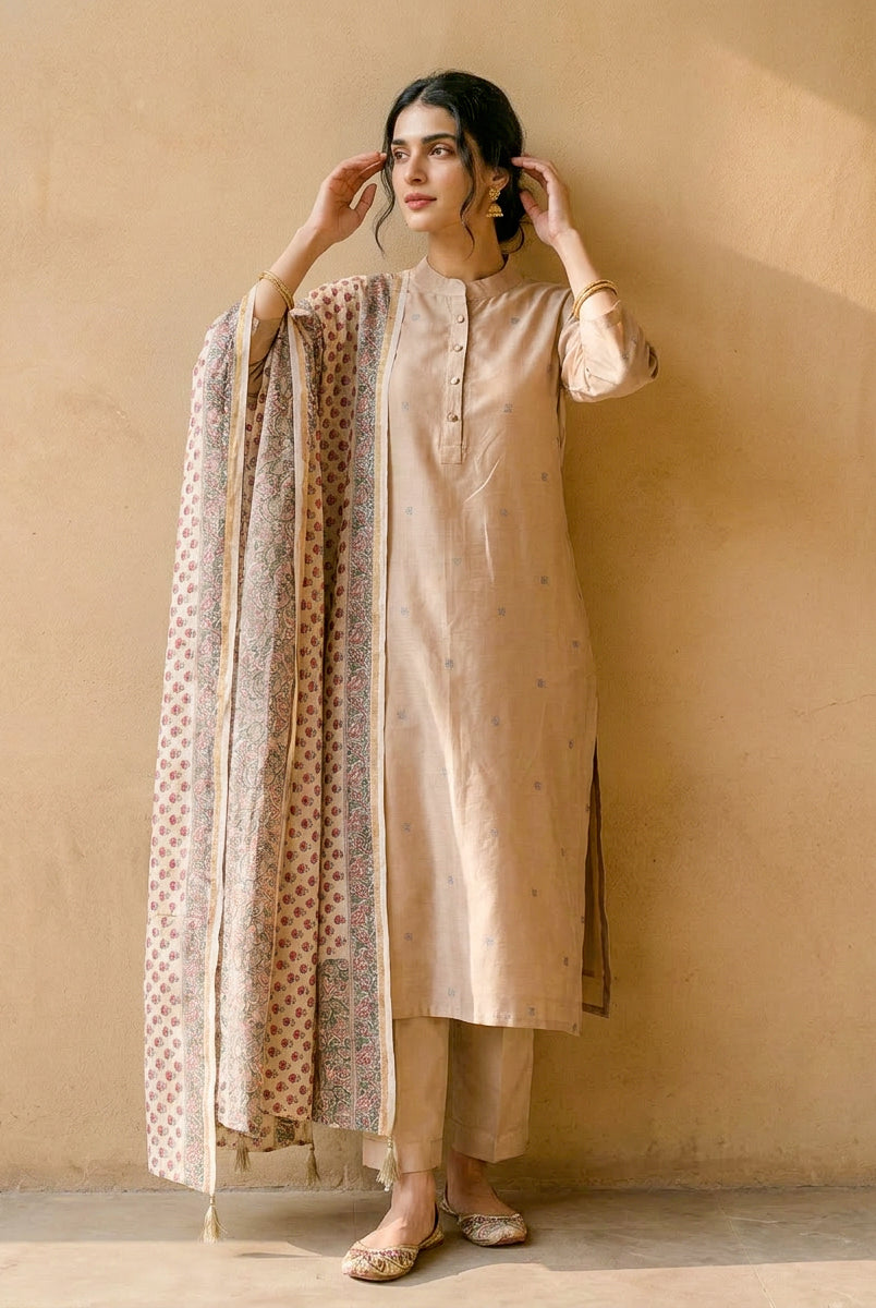 Beige Embroidered Silk Chanderi Kurta Set with Pants & Dupatta — back view