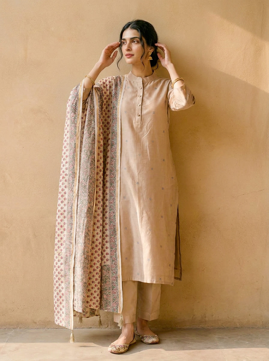 Beige Embroidered Silk Chanderi Kurta Set with Pants & Dupatta — back view