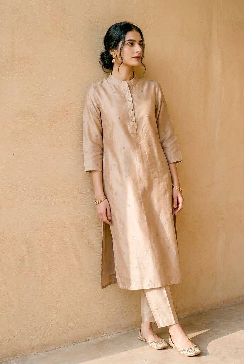 Beige Embroidered Silk Chanderi Kurta Set with Pants & Dupatta — side view
