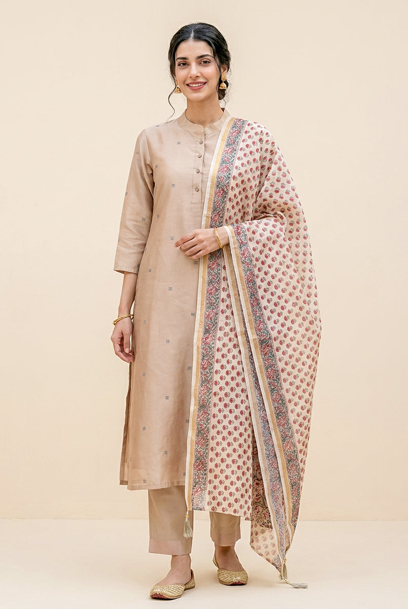 Beige Embroidered Silk Chanderi Kurta Set with Pants & Dupatta — styling detail