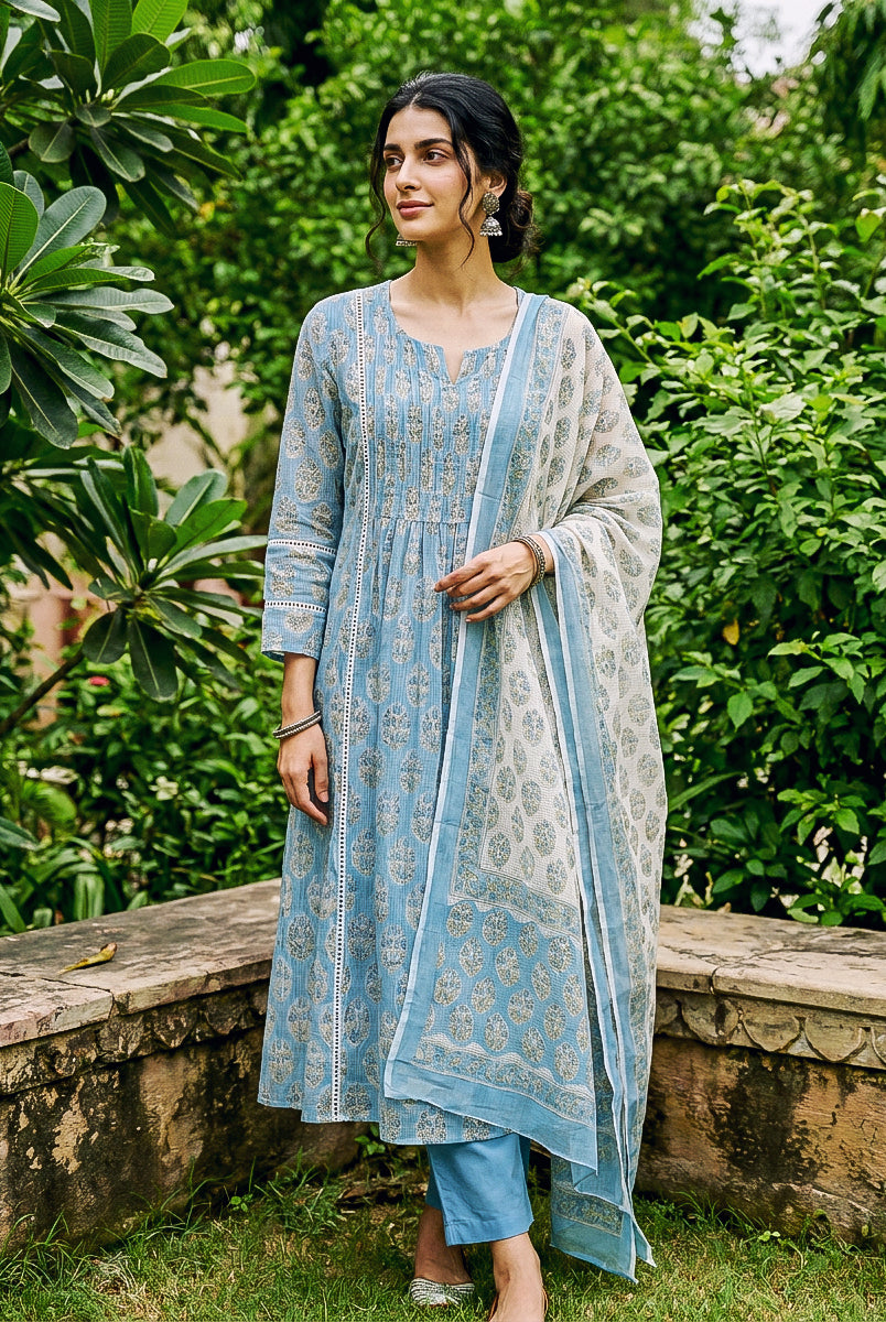 Light Blue Hand Block Print Kota Doria Kurta Set with Pants & Dupatta — full set front