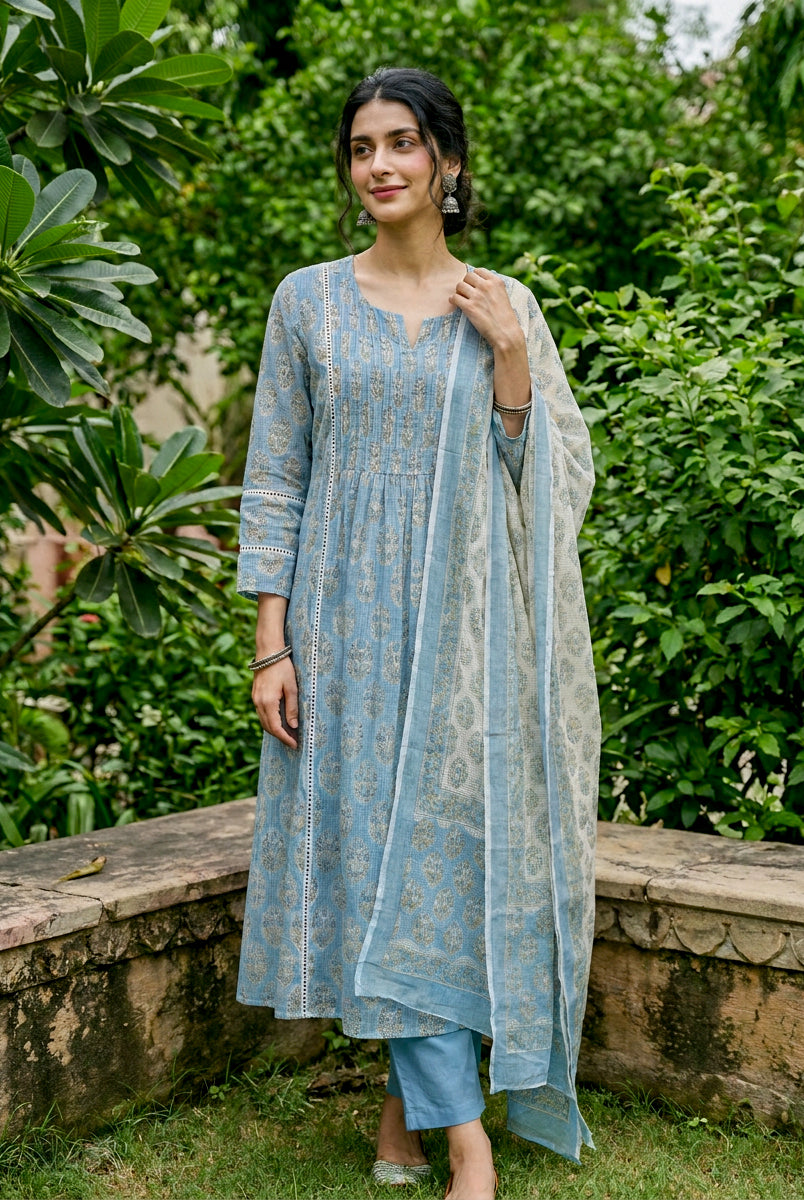 Light Blue Hand Block Print Kota Doria Kurta Set with Pants & Dupatta — model front