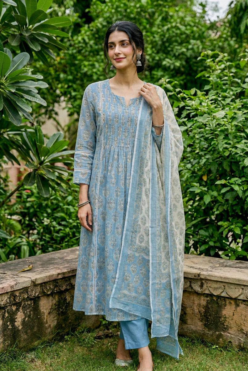 Light Blue Hand Block Print Kota Doria Kurta Set with Pants & Dupatta — model front