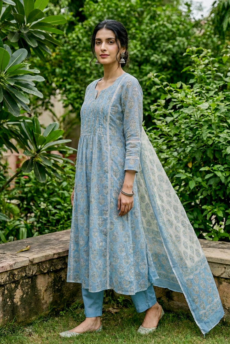Light Blue Hand Block Print Kota Doria Kurta Set with Pants & Dupatta — kurta detail