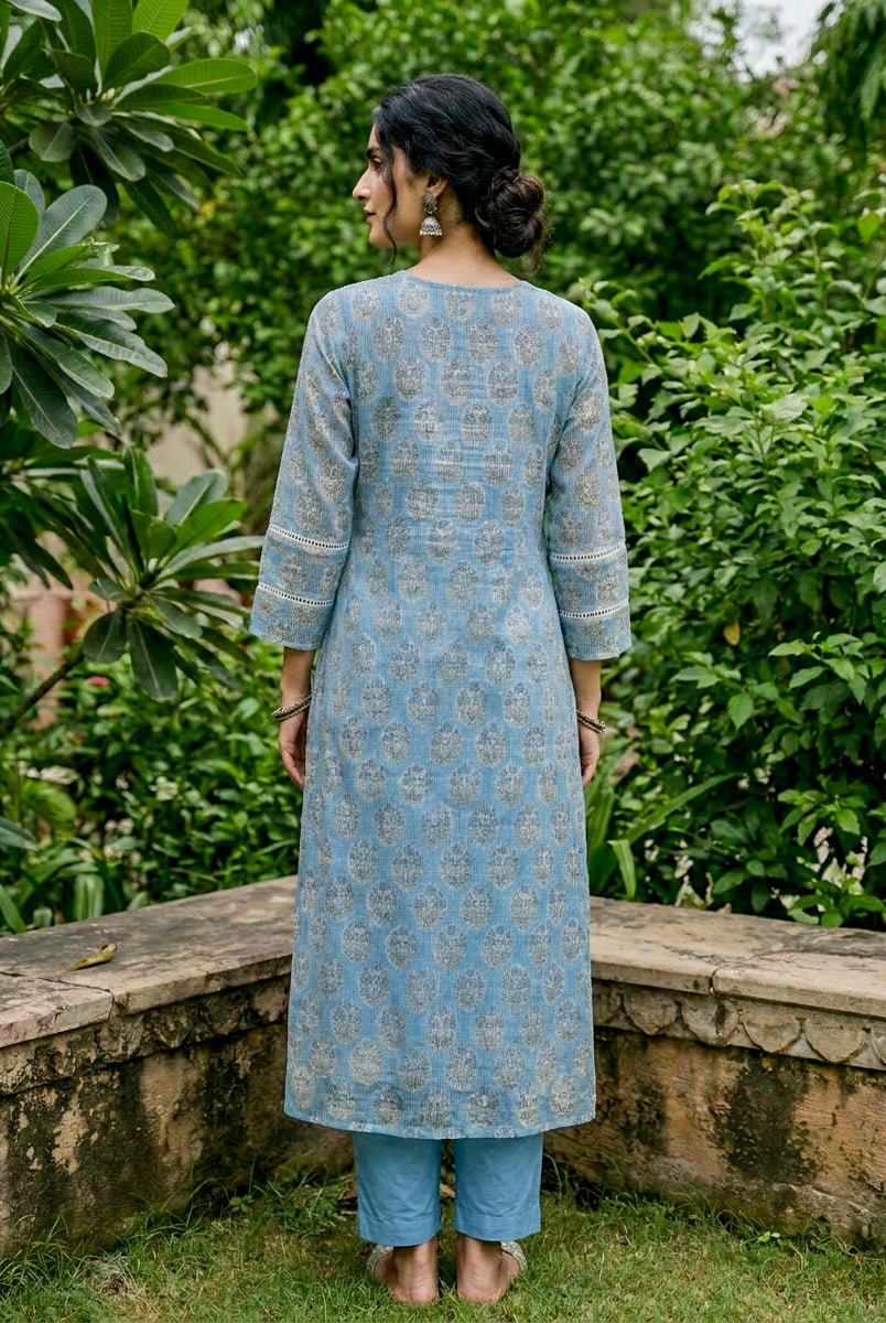 Light Blue Hand Block Print Kota Doria Kurta Set with Pants & Dupatta — back view