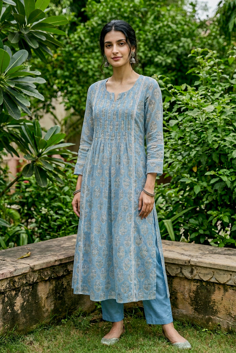 Light Blue Hand Block Print Kota Doria Kurta Set with Pants & Dupatta — side view