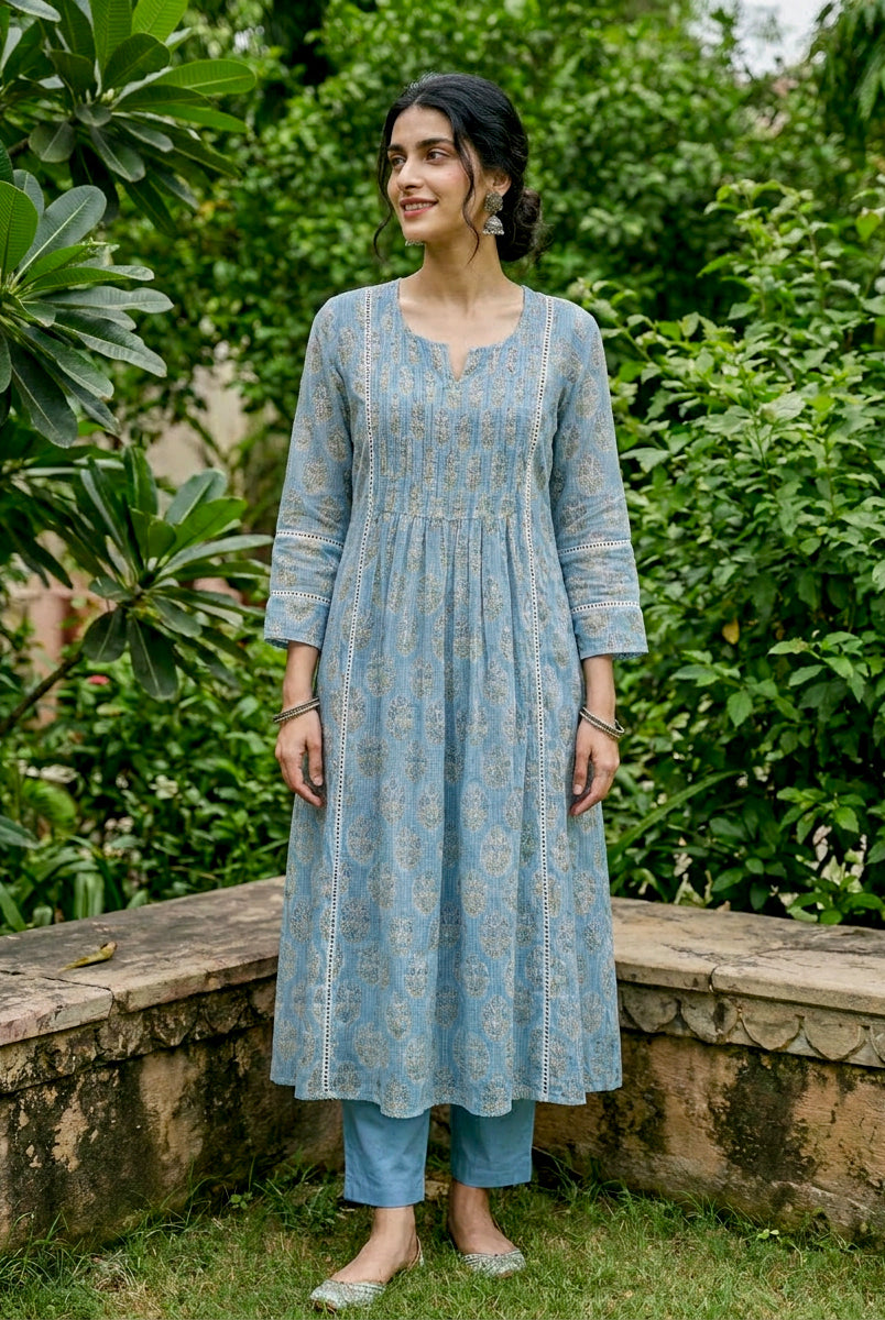 Light Blue Hand Block Print Kota Doria Kurta Set with Pants & Dupatta — styling detail