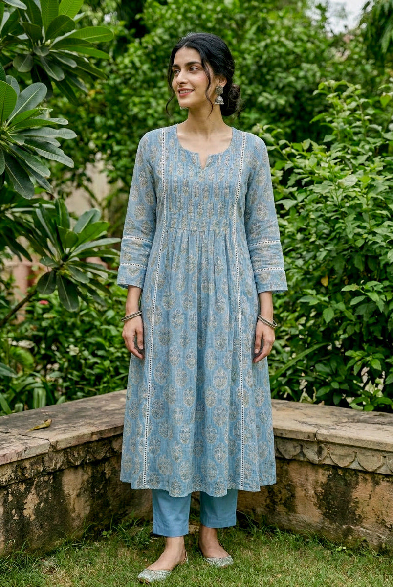 Light Blue Hand Block Print Kota Doria Kurta Set with Pants & Dupatta — styling detail