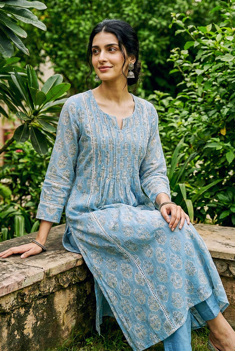 Light Blue Hand Block Print Kota Doria Kurta Set with Pants & Dupatta — fabric close-up