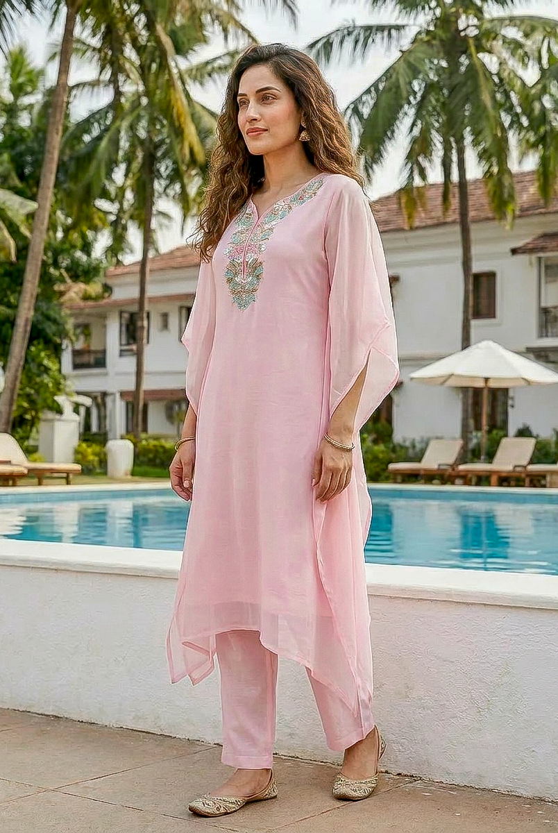 Pink Embroidered Organza Kaftan with Pants — kurta detail