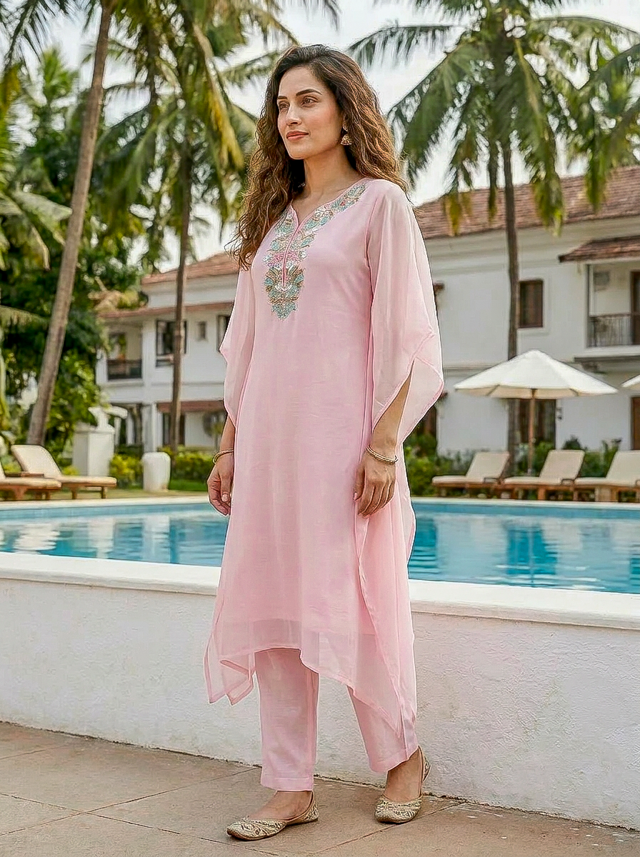 Pink Embroidered Organza Kaftan with Pants — kurta detail