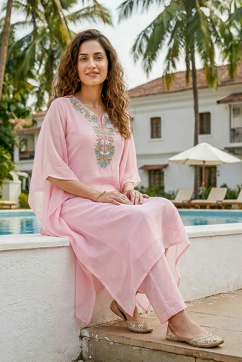 Pink Embroidered Organza Kaftan with Pants — back view