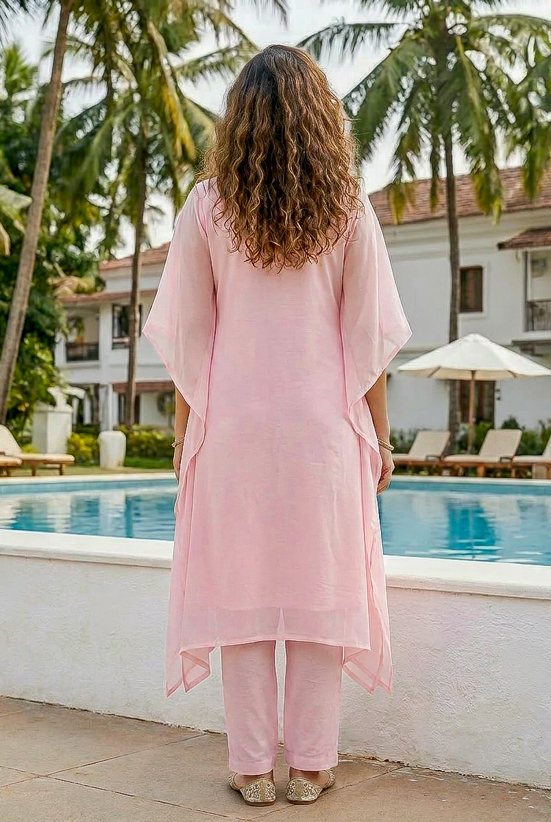 Pink Embroidered Organza Kaftan with Pants — side view