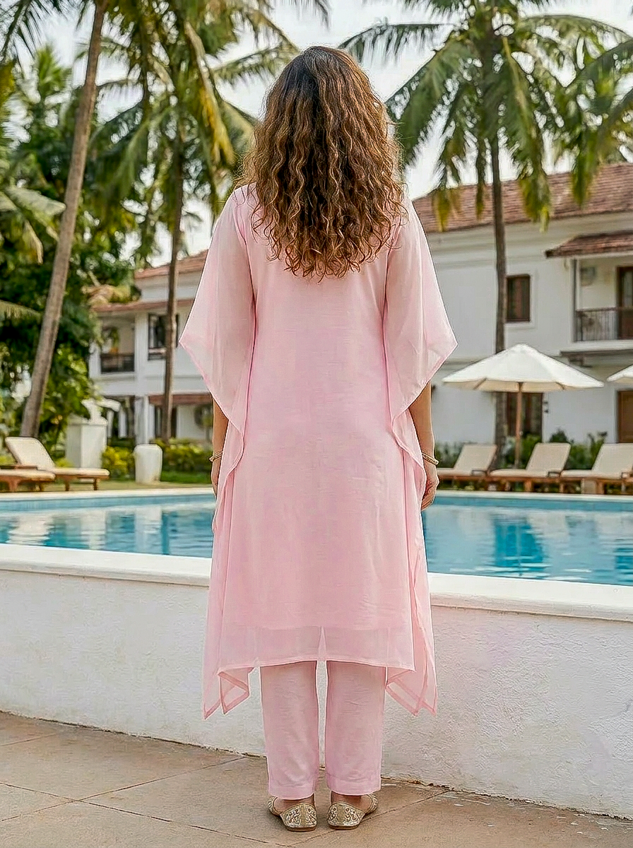 Pink Embroidered Organza Kaftan with Pants — side view