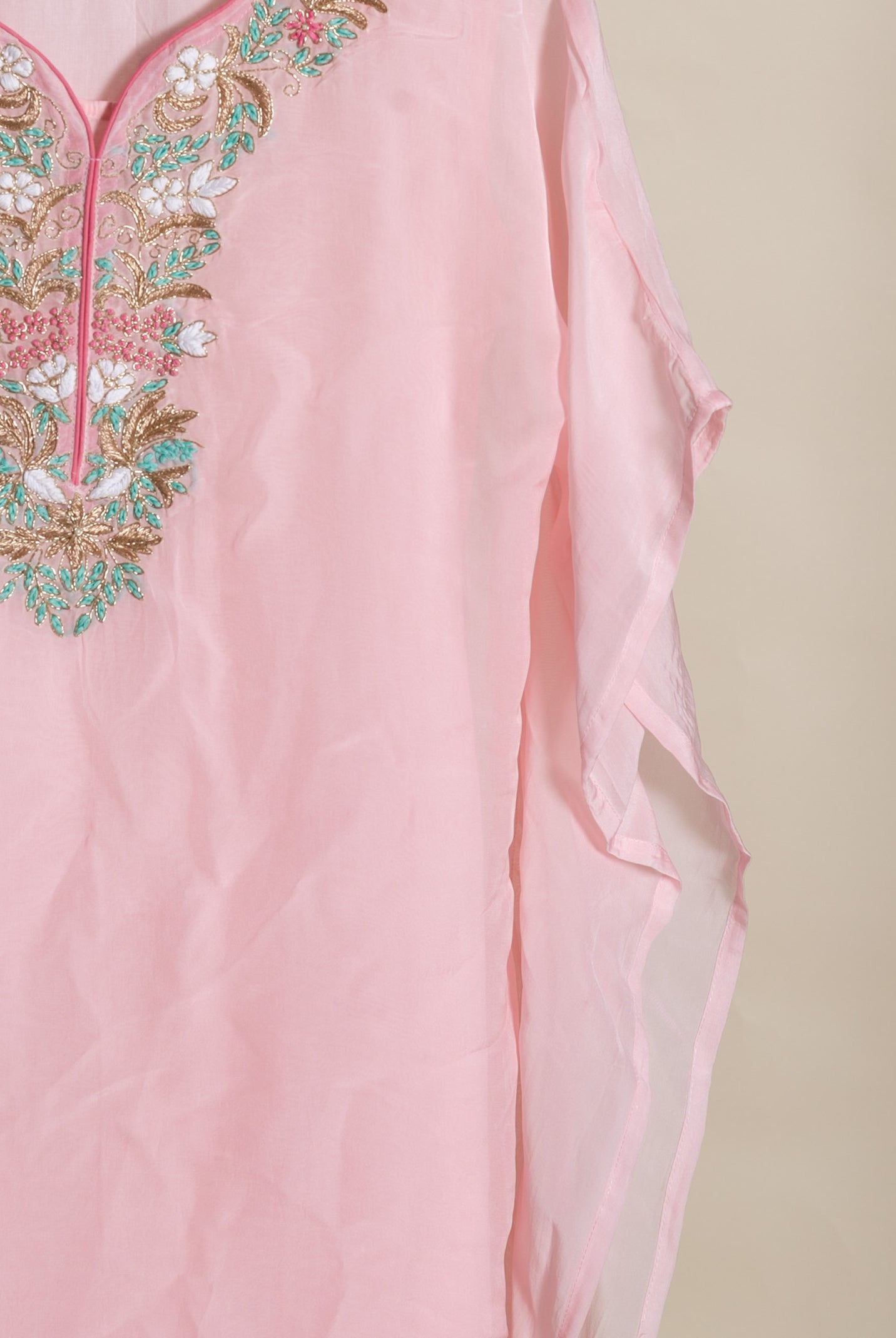 Pink Embroidered Organza Kaftan with Pants — styling detail