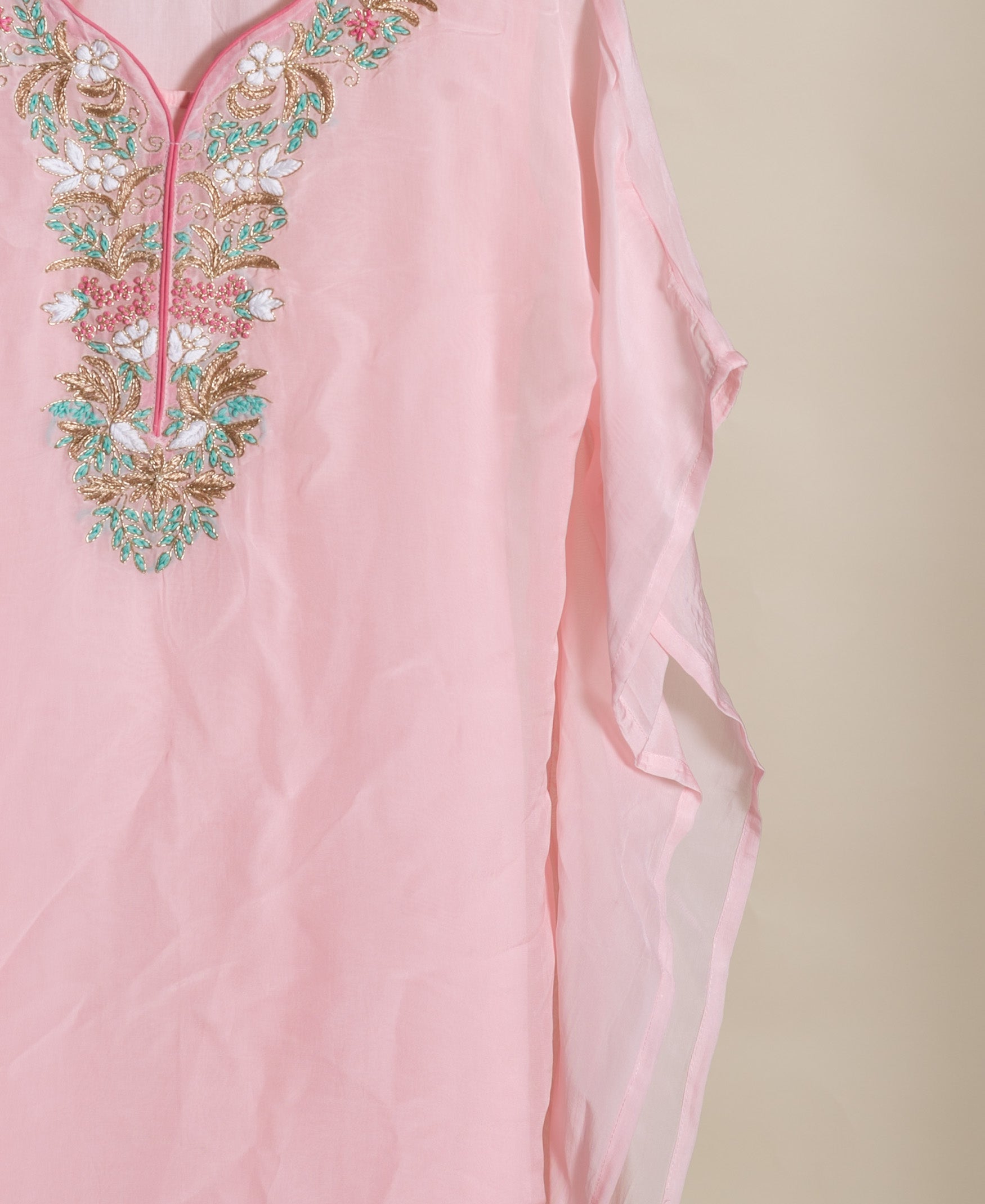 Pink Embroidered Organza Kaftan with Pants — styling detail