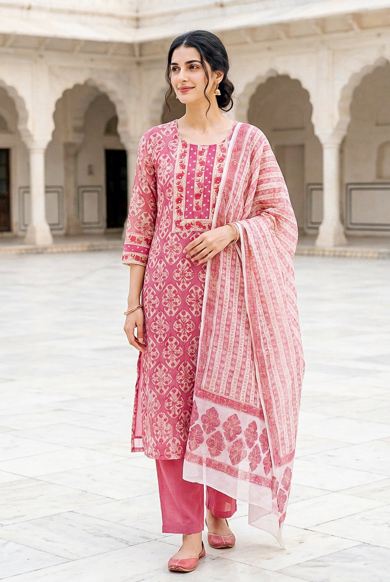 Pink Hand Block Print Kota Doria Kurta Set with Pants & Dupatta — full set front