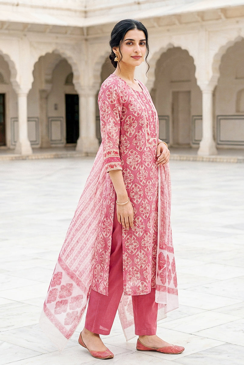 Pink Hand Block Print Kota Doria Kurta Set with Pants & Dupatta — model front