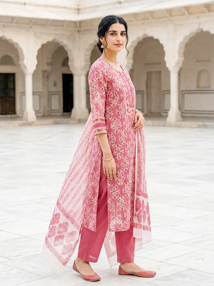 Pink Hand Block Print Kota Doria Kurta Set with Pants & Dupatta — model front