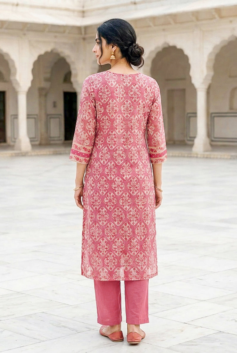 Pink Hand Block Print Kota Doria Kurta Set with Pants & Dupatta — kurta detail