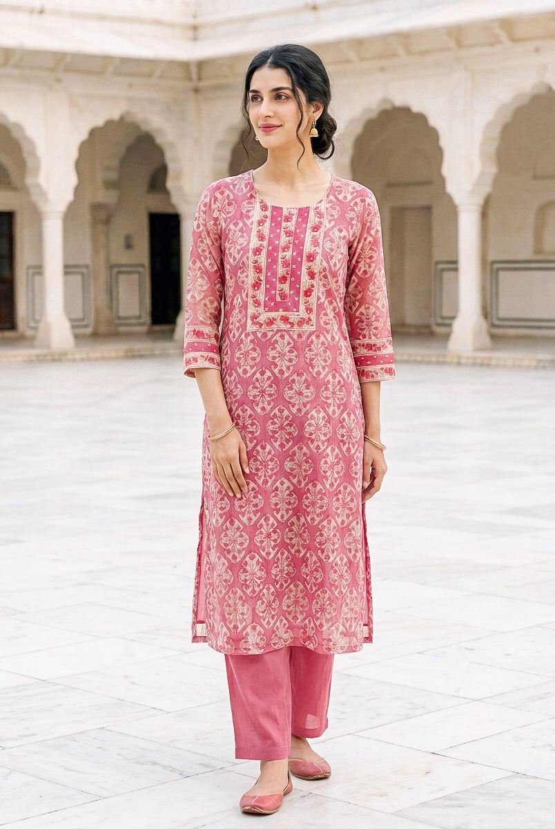 Pink Hand Block Print Kota Doria Kurta Set with Pants & Dupatta — back view