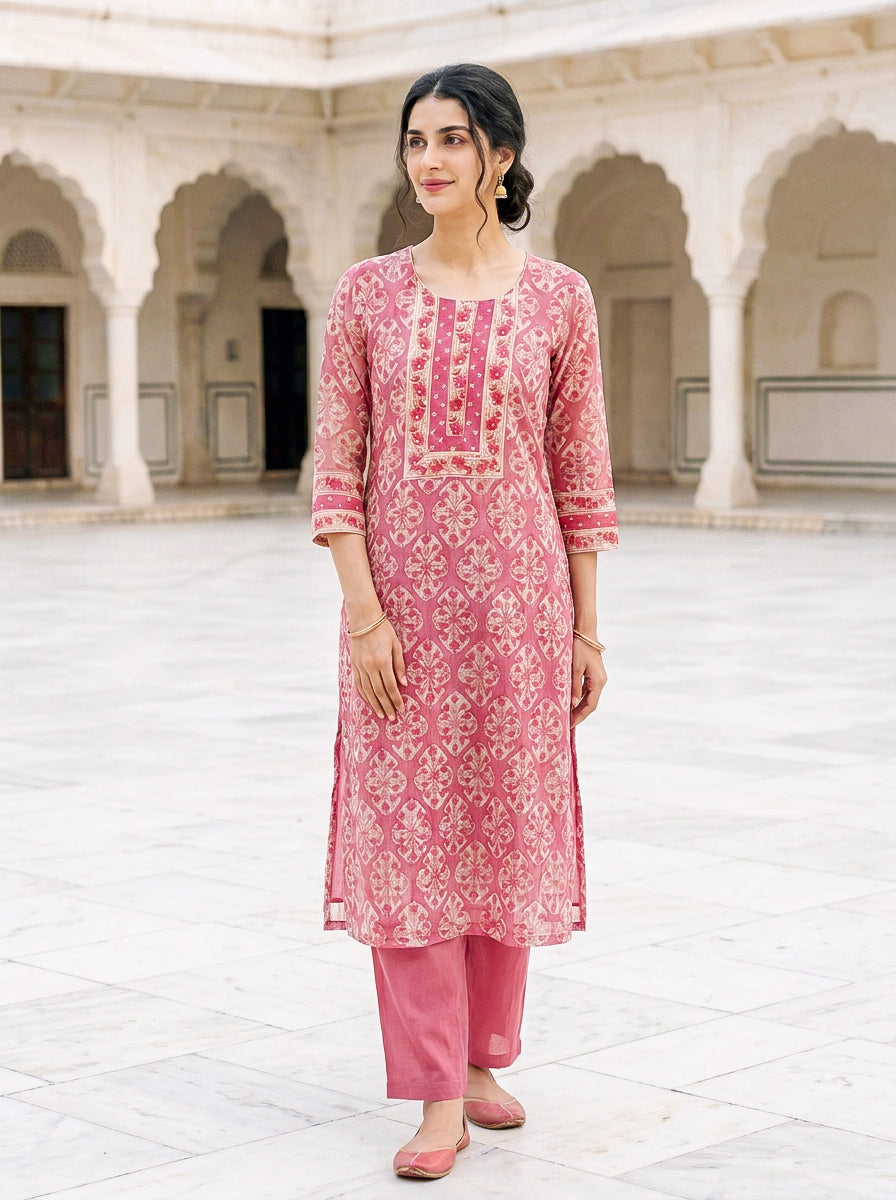 Pink Hand Block Print Kota Doria Kurta Set with Pants & Dupatta — back view