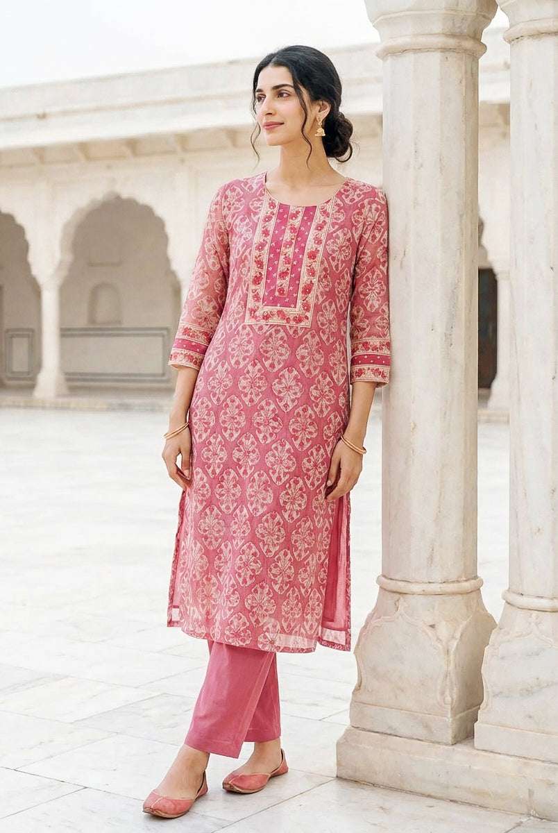 Pink Hand Block Print Kota Doria Kurta Set with Pants & Dupatta — side view