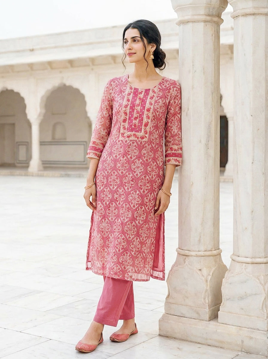 Pink Hand Block Print Kota Doria Kurta Set with Pants & Dupatta — side view