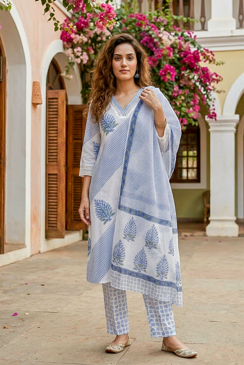 Indigo Blue Hand Block Print Cotton Kurta Set with Pants & Kota Dupatta — view 1