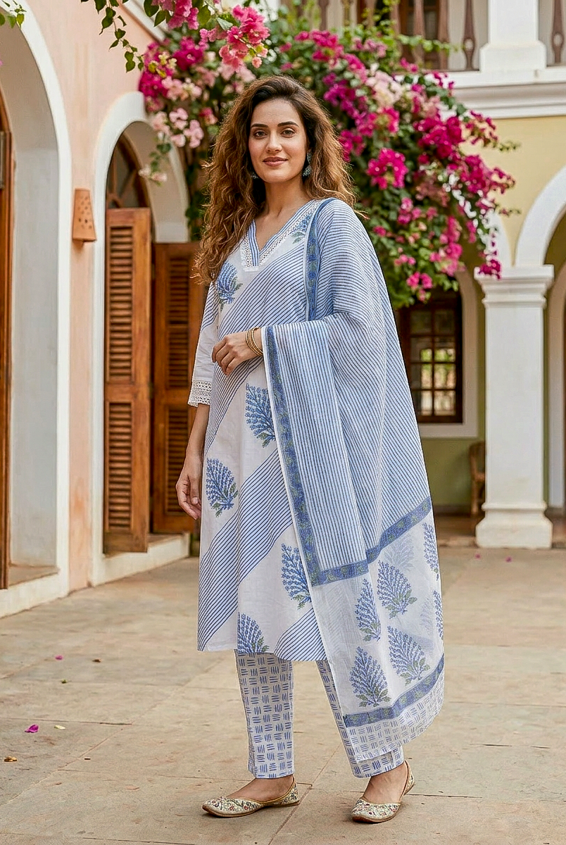 Indigo Blue Hand Block Print Cotton Kurta Set with Pants & Kota Dupatta — view 2