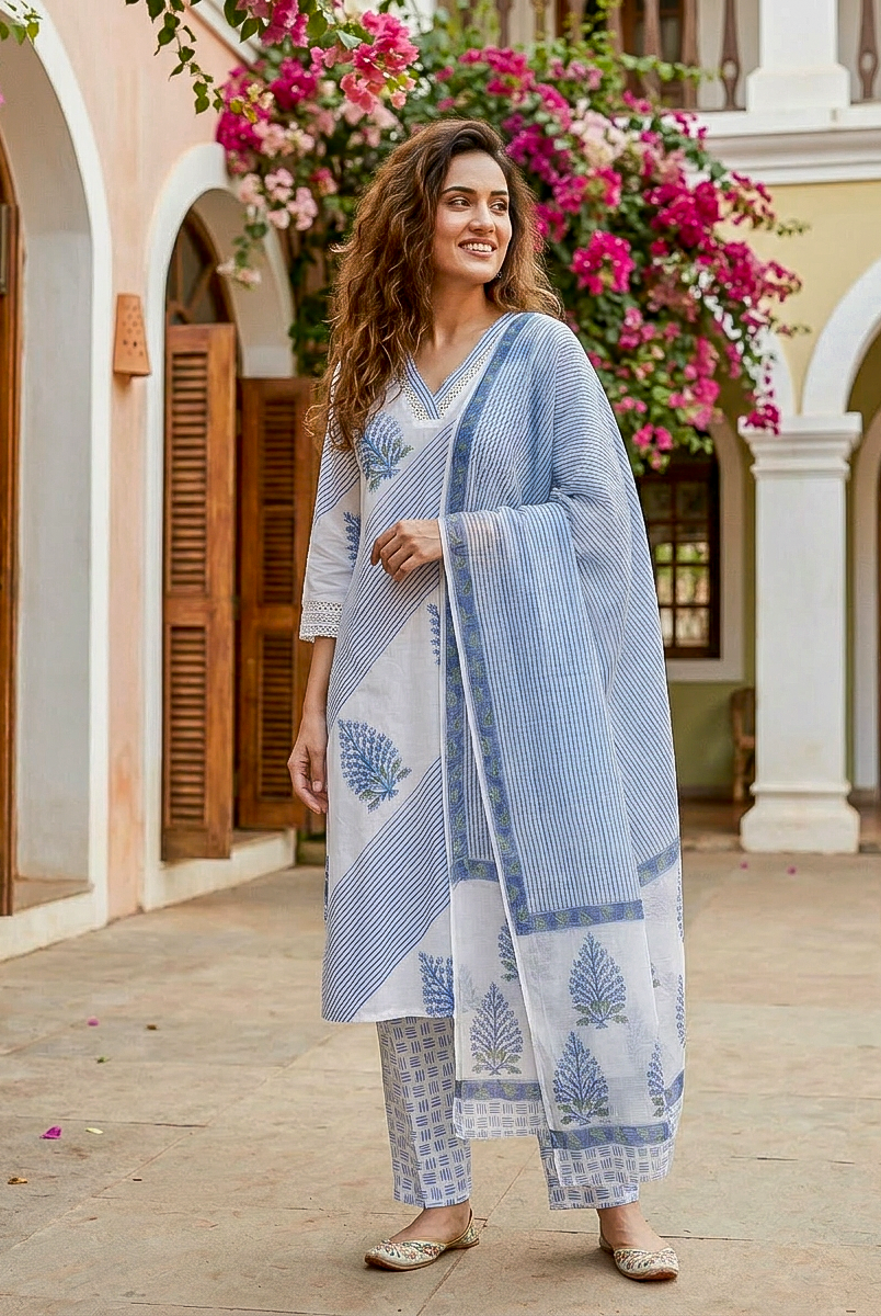 Full look: model in white and indigo blue hand block print cotton kurta set.