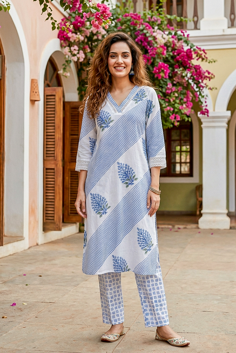 Front full look model wearing white, indigo hand-block printed kurta with stripes and pants.