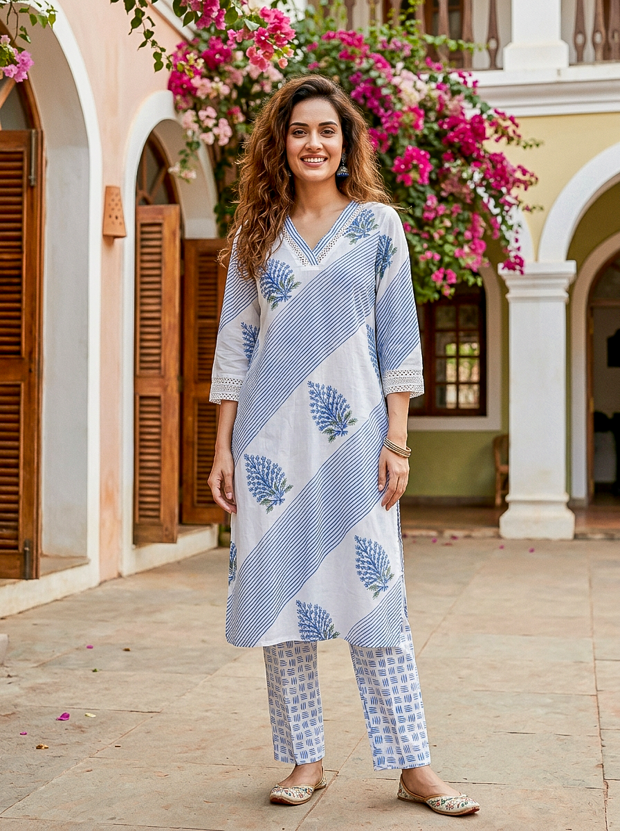 Front full look model wearing white, indigo hand-block printed kurta with stripes and pants.