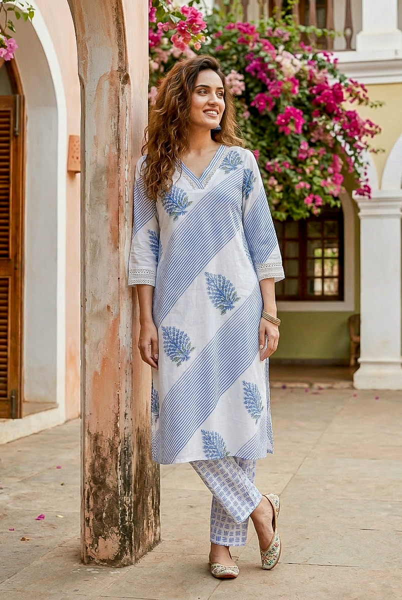 Full front view of smiling model in white and indigo block print kurta and patterned pants.
