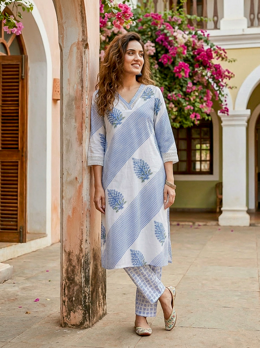 Indigo Blue Hand Block Print Cotton Kurta Set with Pants & Kota Dupatta — view 5