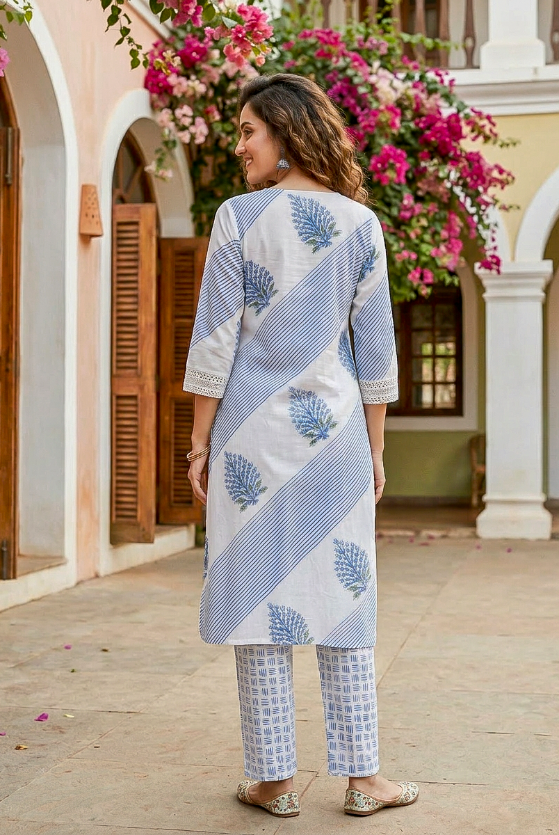 Indigo Blue Hand Block Print Cotton Kurta Set with Pants & Kota Dupatta — view 6