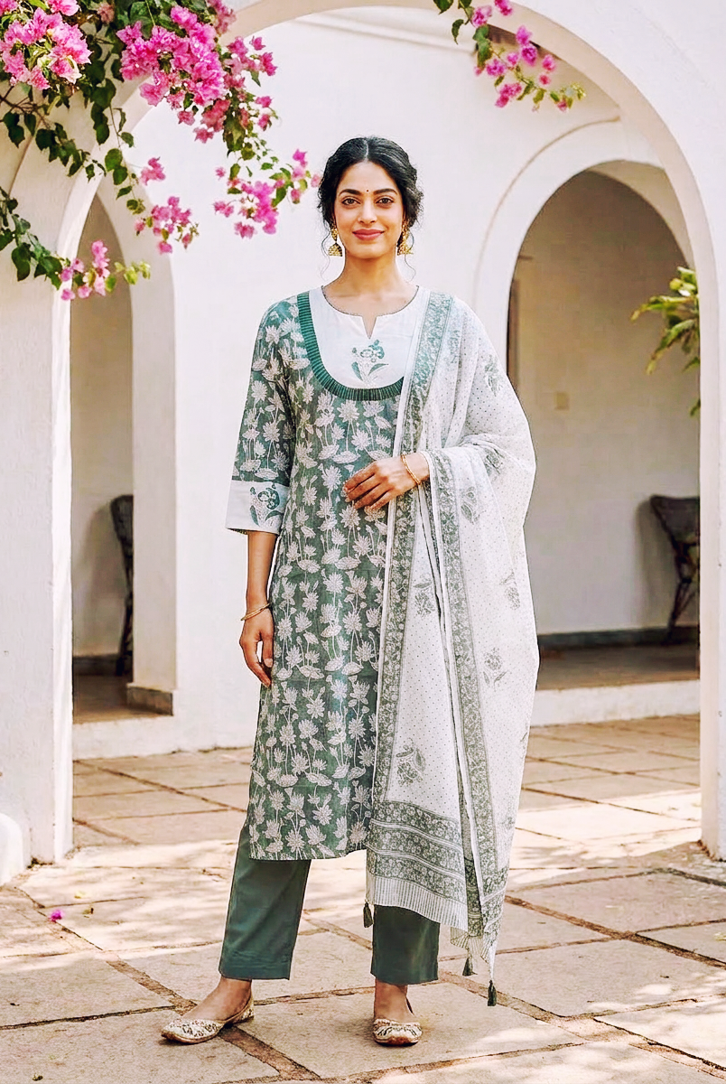 Sage Green Hand Block Print Cotton Kurta Set with Pants & Kota Dupatta — view 1