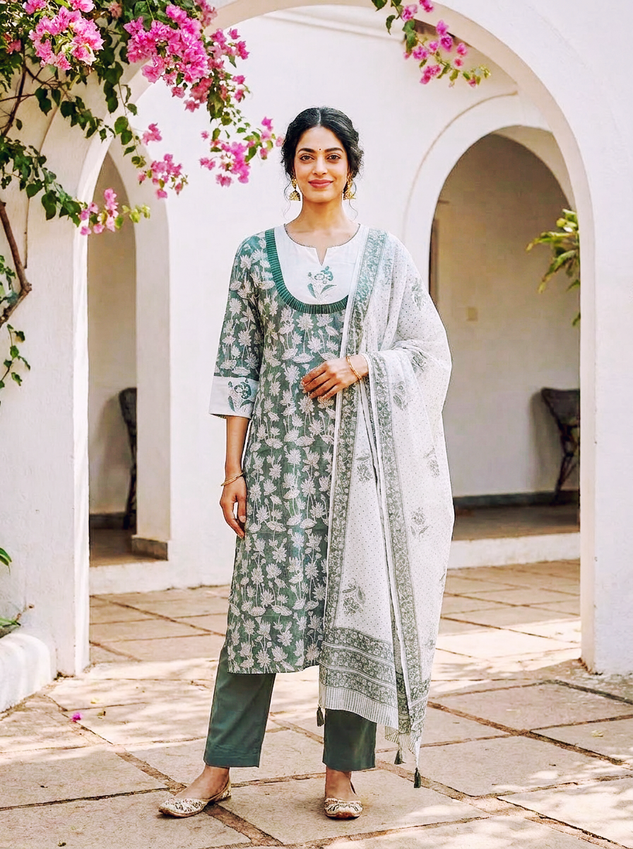 Sage Green Hand Block Print Cotton Kurta Set with Pants & Kota Dupatta — view 1