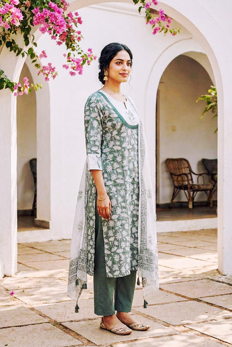 Sage Green Hand Block Print Cotton Kurta Set with Pants & Kota Dupatta — view 2