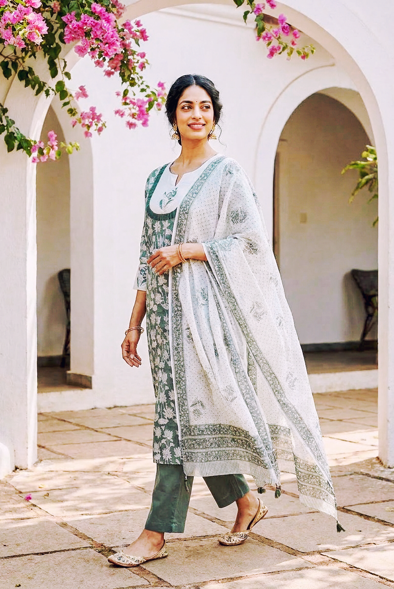 Sage Green Hand Block Print Cotton Kurta Set with Pants & Kota Dupatta — view 3