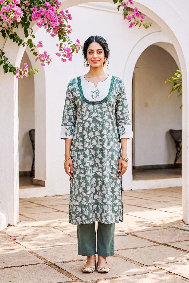 Sage Green Hand Block Print Cotton Kurta Set with Pants & Kota Dupatta — view 4