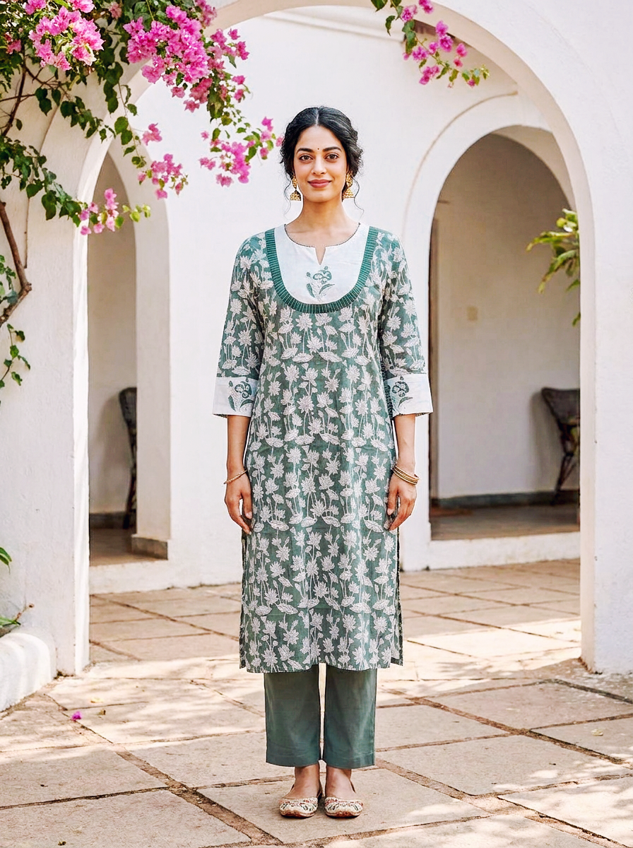 Sage Green Hand Block Print Cotton Kurta Set with Pants & Kota Dupatta — view 4