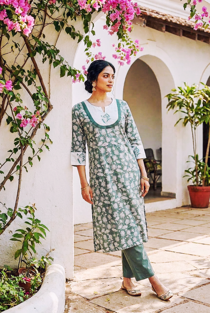 Sage Green Hand Block Print Cotton Kurta Set with Pants & Kota Dupatta — view 5